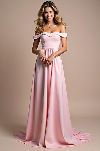 Off the Shoulder Pink A Line Long Satin Bridesmaid Dress