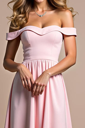 Off the Shoulder Pink A Line Long Satin Bridesmaid Dress