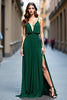 Load image into Gallery viewer, Deep V-Neck Dark Green Chiffon Bridesmaid Dress with Slit