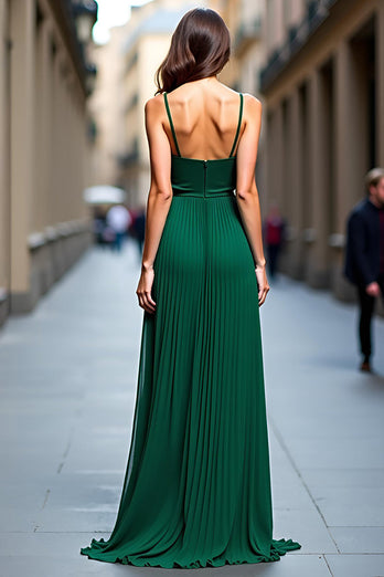 Deep V-Neck Dark Green Chiffon Bridesmaid Dress with Slit