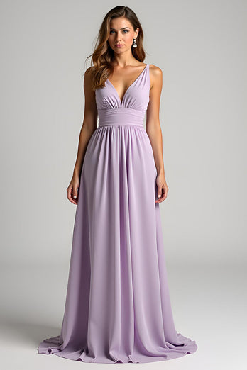 A Line Lilac V-Neck Long Chiffon Bridesmaid Dress