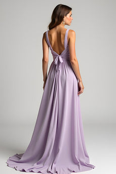 A Line Lilac V-Neck Long Chiffon Bridesmaid Dress