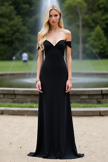 Black Off the Shoulder A Line Long Bridesmaid Dress