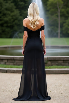 Black Off the Shoulder A Line Long Bridesmaid Dress