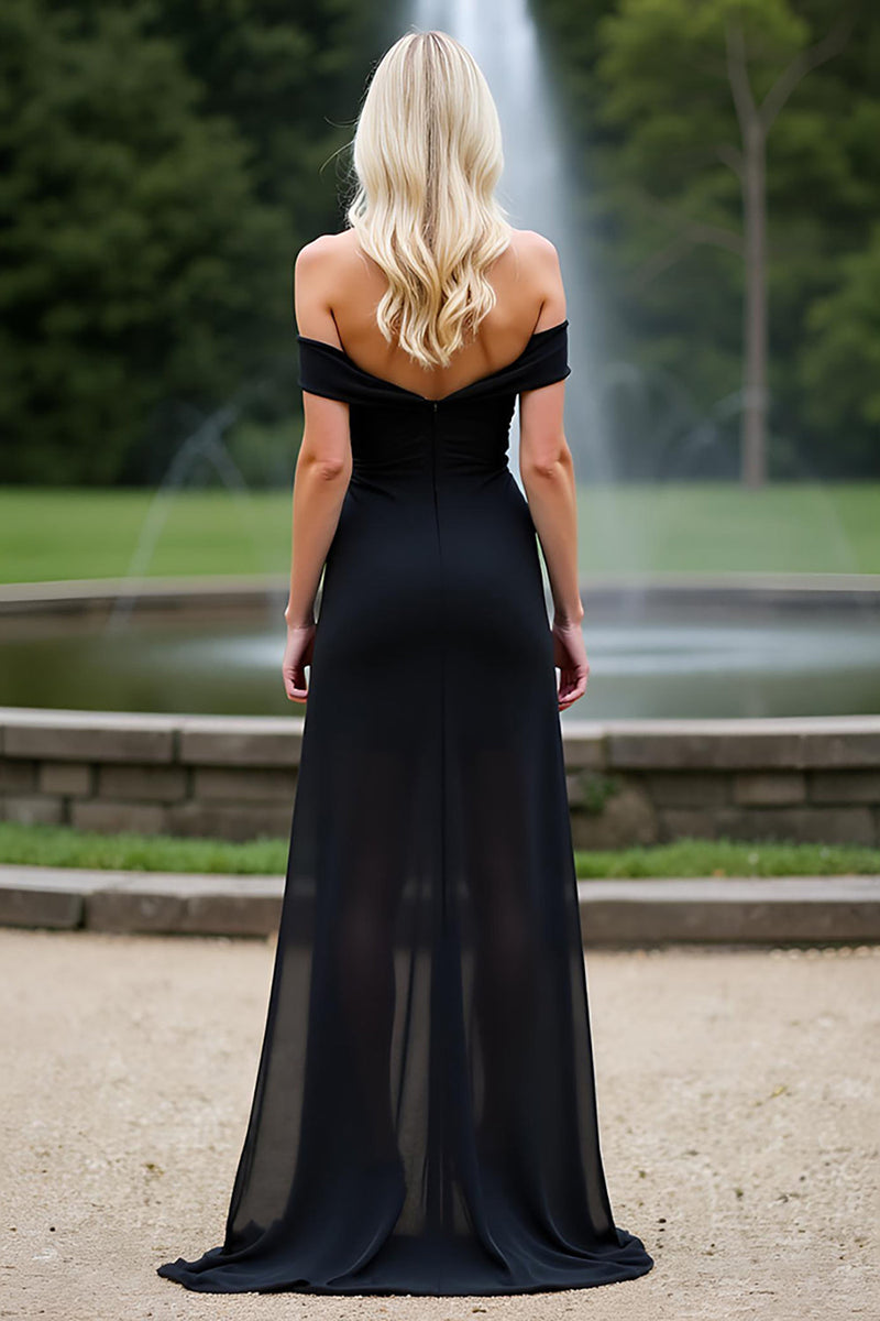 Load image into Gallery viewer, Black Off the Shoulder A Line Long Bridesmaid Dress