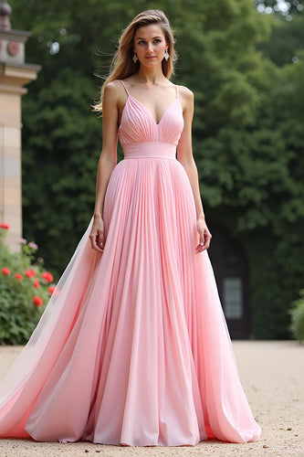 A Line PinkPleated Long Chiffon Bridesmaid Dress