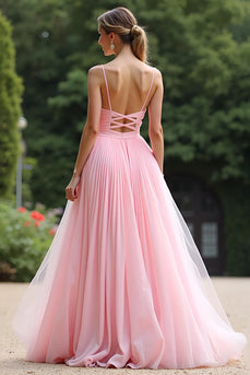 A Line PinkPleated Long Chiffon Bridesmaid Dress