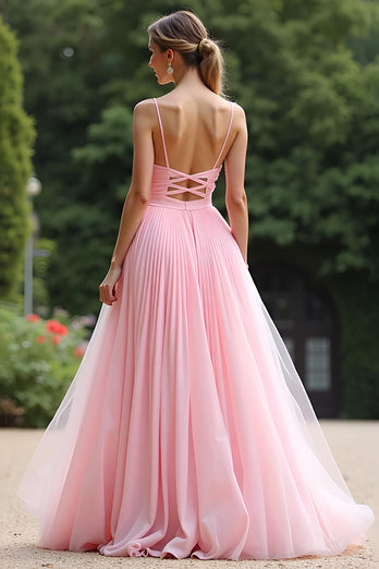 A Line PinkPleated Long Chiffon Bridesmaid Dress