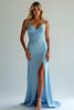 Load image into Gallery viewer, Dusty Blue Sheath Long Satin Bridesmaid Dress with Slit