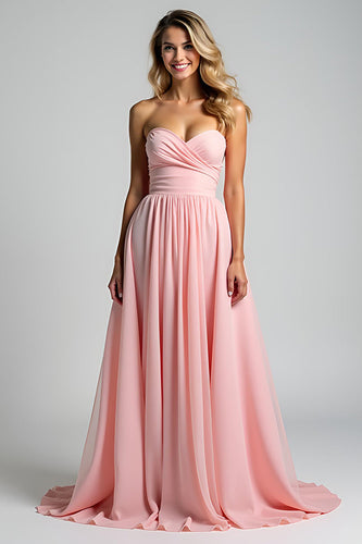 Pink A Line Strapless Long Chiffon Bridesmaid Dress