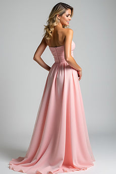 Pink A Line Strapless Long Chiffon Bridesmaid Dress