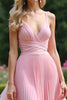 Load image into Gallery viewer, A Line V-Neck Pink Pleated Long Chiffon Bridesmaid Dress