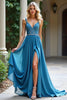 Load image into Gallery viewer, Dusty Blue A Line Long Chiffon Bridesmaid Dress with Lace