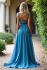 Load image into Gallery viewer, Dusty Blue A Line Long Chiffon Bridesmaid Dress with Lace