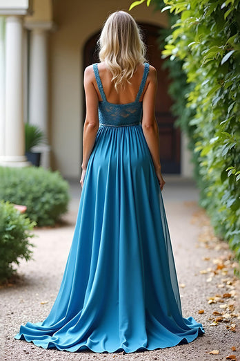 Dusty Blue A Line Long Chiffon Bridesmaid Dress with Lace