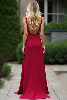 Burgundy Deep V-Neck A Line Long Backless Bridesmaid Dress