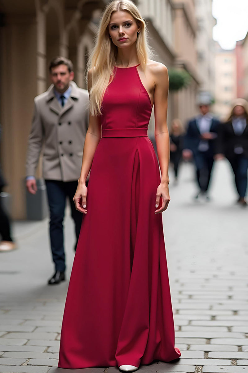 Load image into Gallery viewer, Burgundy Halter Column Backless Long Bridesmaid Dress