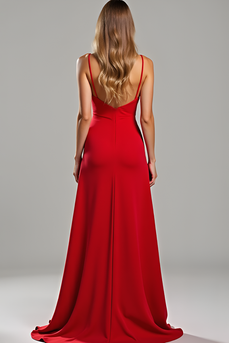 Elegant Red Spaghetti Straps Long Satin Bridesmaid Dress