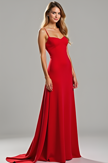 Elegant Red Spaghetti Straps Long Satin Bridesmaid Dress