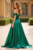 Load image into Gallery viewer, Dark Green A Line Off the Shoulder Long Satin Prom Dress with Slit