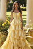 Load image into Gallery viewer, Light Yellow A Line Strapless Tiered Long Prom Dress with Ruffles