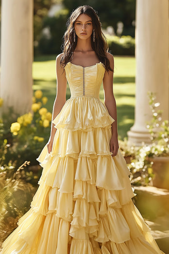 Light Yellow A Line Strapless Tiered Long Prom Dress with Ruffles