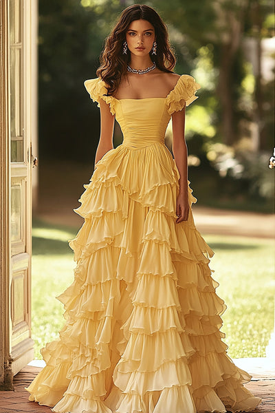 Light Yellow A Line Tiered Ruched Long Prom Dress with Ruffles