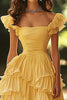 Load image into Gallery viewer, Light Yellow A Line Tiered Ruched Long Prom Dress with Ruffles