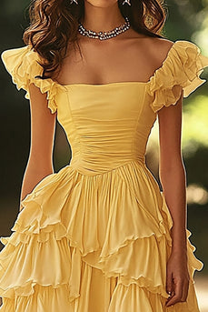 Light Yellow A Line Tiered Ruched Long Prom Dress with Ruffles