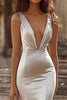 Load image into Gallery viewer, Silver Mermaid Deep V-Neck Long Prom Dress with Ruffles