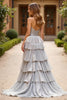 Load image into Gallery viewer, Silver A Line Strapless Ball Gown Tiered Long Prom Dress