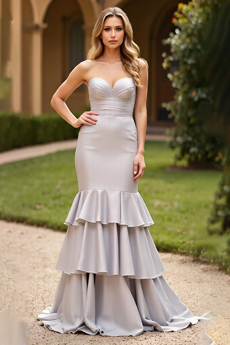 Load image into Gallery viewer, Silver Mermaid Strapless Tiered Long Prom Dress