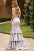 Load image into Gallery viewer, Silver Mermaid Strapless Tiered Long Prom Dress