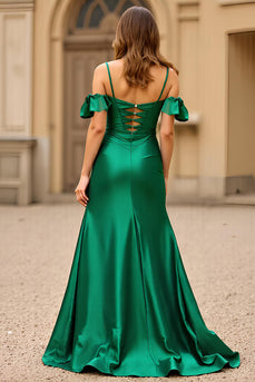 Dark Green Sheath Spaghetti Straps Long Satin Prom Dress with Slit