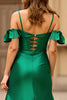 Load image into Gallery viewer, Dark Green Sheath Spaghetti Straps Long Satin Prom Dress with Slit