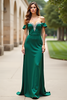 Load image into Gallery viewer, Dark Green Sheath Off the Shoulder Long Satin Beaded Prom Dress