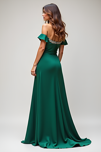 Dark Green Sheath Off the Shoulder Long Satin Beaded Prom Dress