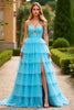 Load image into Gallery viewer, Blue A Line Ball Gown Keyhole Tiered Long Prom Dress with Slit