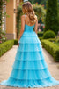 Load image into Gallery viewer, Blue A Line Ball Gown Keyhole Tiered Long Prom Dress with Slit