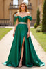 Load image into Gallery viewer, Dark Green A Line Off the Shoulder Long Satin Beaded Prom Dress with Slit