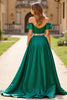 Load image into Gallery viewer, Dark Green A Line Off the Shoulder Long Satin Beaded Prom Dress with Slit