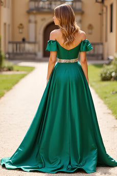 Dark Green A Line Off the Shoulder Long Satin Beaded Prom Dress with Slit