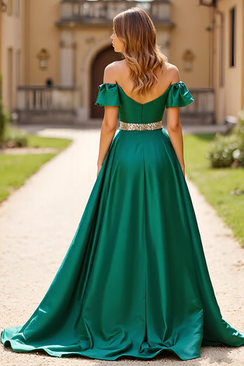 Dark Green A Line Off the Shoulder Long Satin Beaded Prom Dress with Slit