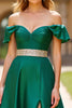 Load image into Gallery viewer, Dark Green A Line Off the Shoulder Long Satin Beaded Prom Dress with Slit