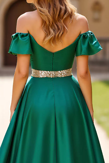 Dark Green A Line Off the Shoulder Long Satin Beaded Prom Dress with Slit