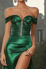 Load image into Gallery viewer, Dark Green Off the Shoulder Asymmetrical Long Satin Prom Dress