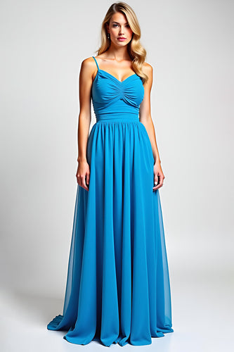 Blue Ruched A Line Chiffon Long Bridesmaid Dress