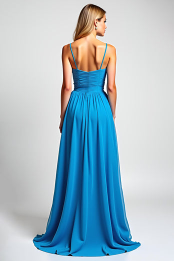 Blue Ruched A Line Chiffon Long Bridesmaid Dress