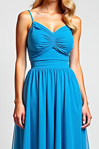 Blue Ruched A Line Chiffon Long Bridesmaid Dress