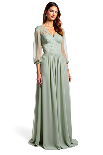 Dusty Sage A Line Appliques Long Bridesmaid Dress with Half Sleeves